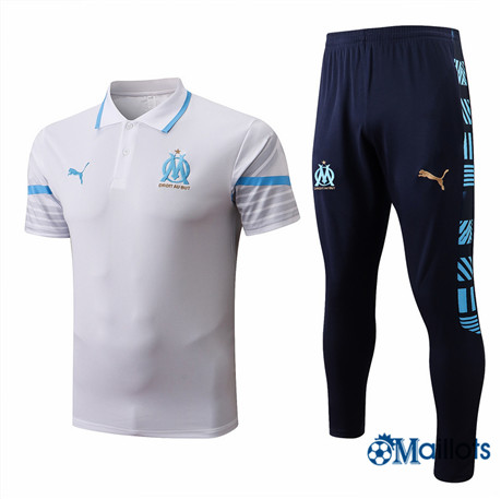Grossiste omaillots Maillot Foot polo Marseille OM et Pantalon Ensemble Training Blanc/Bleu Marine 2022-2023