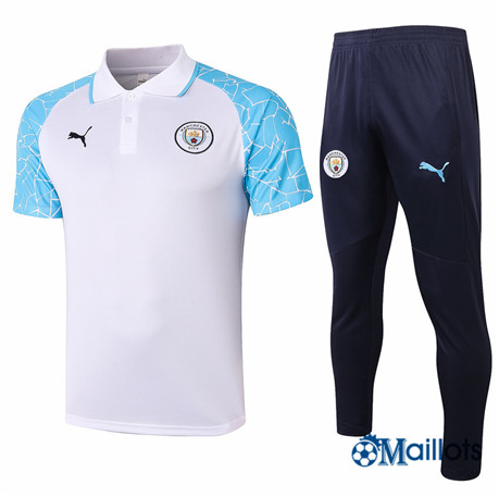 Grossiste Maillot Foot Entraînement Manchester City POLO et Pantalon Ensemble Training Blanc/Bleu 2020 2021