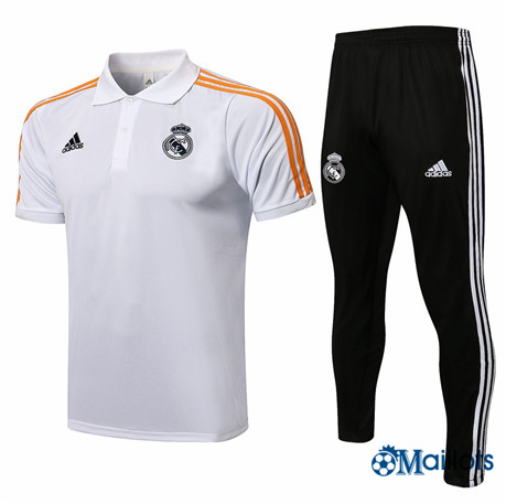 Grossiste Maillot foot Real Madrid Polo et Pantalon Ensemble Training Blanc/Orange 2021-2022
