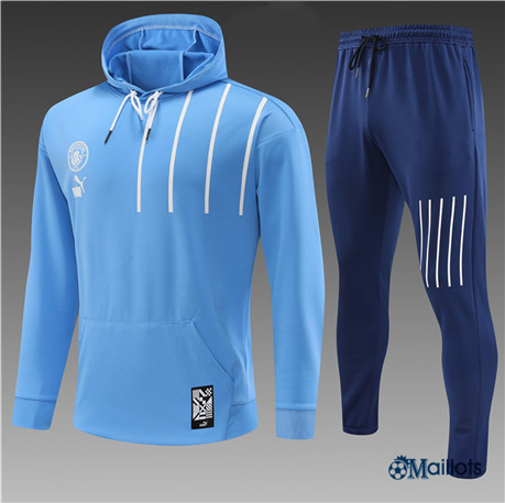 omaillots: Ensemble maillot Survetement foot Manchester City Enfant & Junior à capuche Bleu 2022 2023 Original