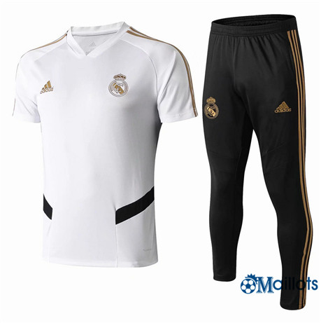 Maillot Entraînement Real Madrid et pantalon Training Blanc/Noir Col V 2019 2020